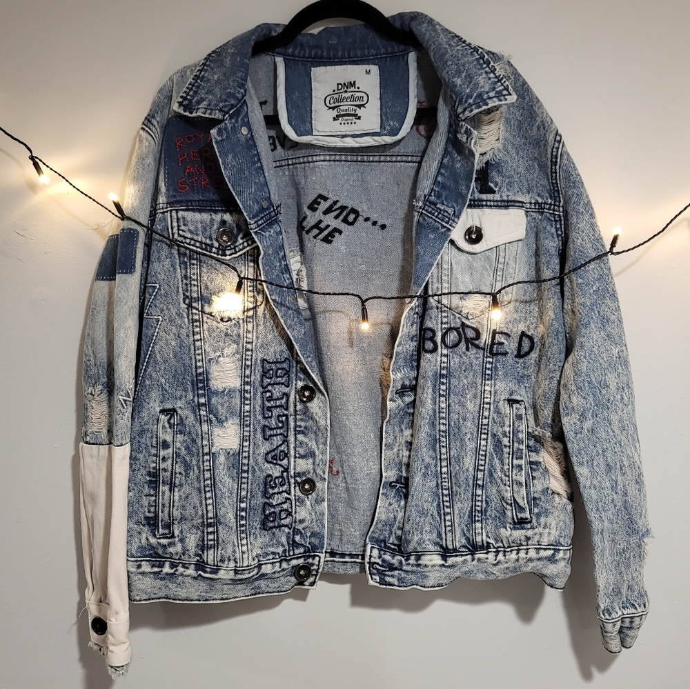 DNM Collection Medium Distressed Embroidered Reworked Denim Jacket - Picture 3 of 16